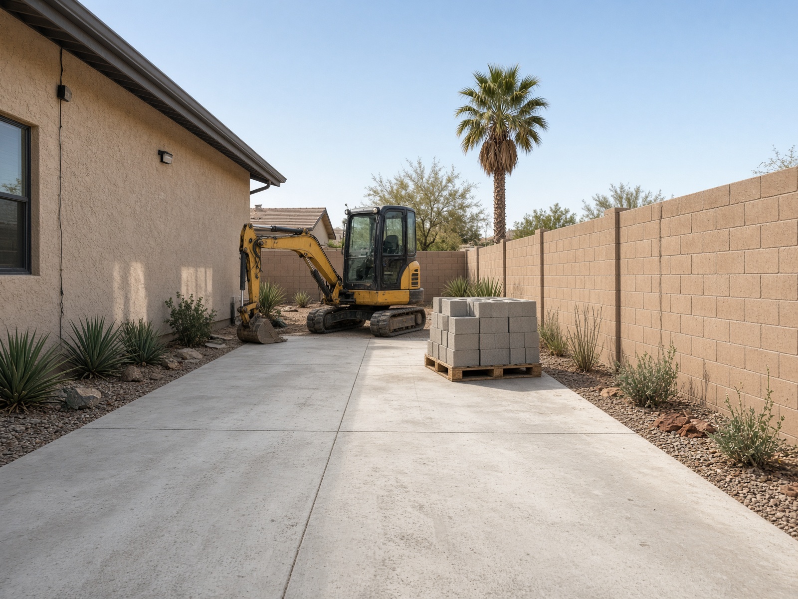 Side-yard access photographed on the Mesa site walk
